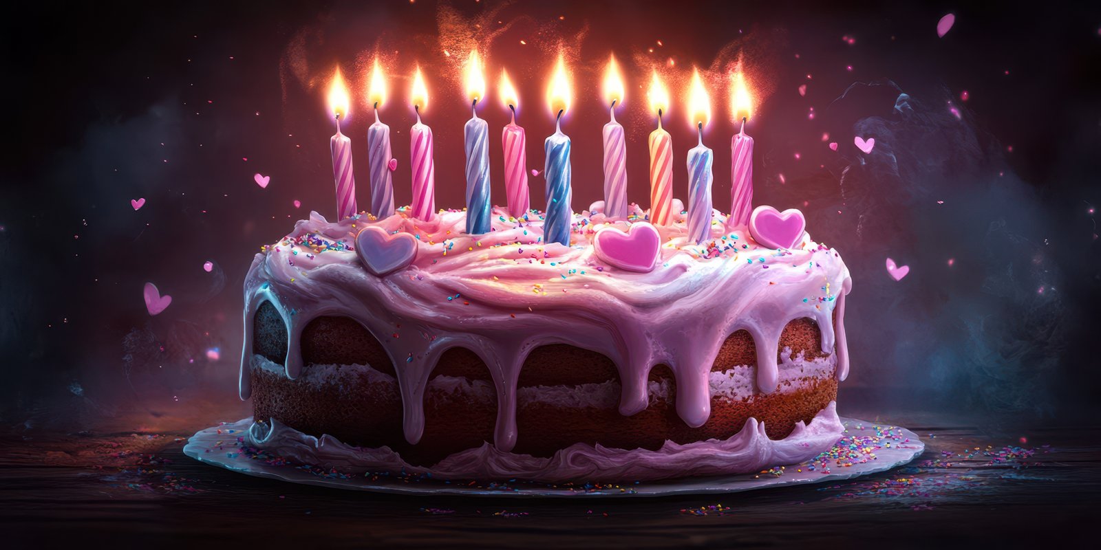 Colorful birthday cake with glowing candles and festive decorations in a dimly lit room